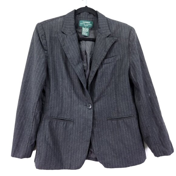 Lauren Ralph Lauren Wool Blazer Size 12P Womens Jacket Gray Pinstriped - Picture 1 of 13